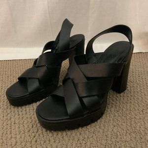 Zara Black Leather Strappy Heels Chunky Platform